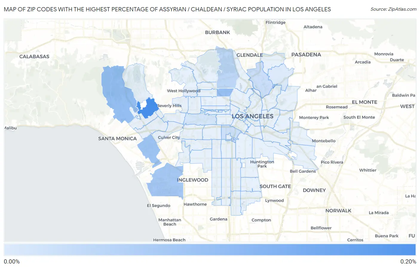 Zip Codes with the Highest Percentage of Assyrian / Chaldean / Syriac Population in Los Angeles Map