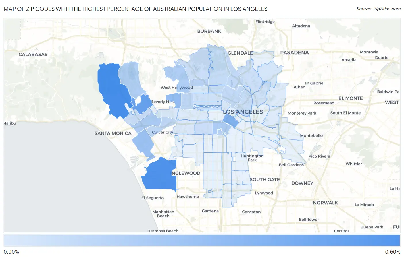 Zip Codes with the Highest Percentage of Australian Population in Los Angeles Map