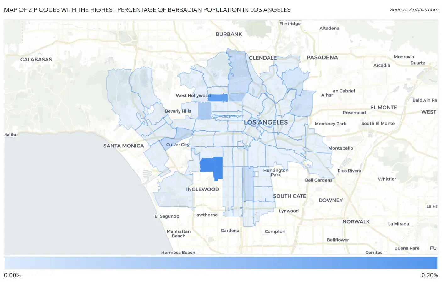 Zip Codes with the Highest Percentage of Barbadian Population in Los Angeles Map