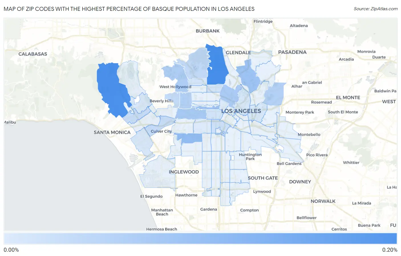 Zip Codes with the Highest Percentage of Basque Population in Los Angeles Map