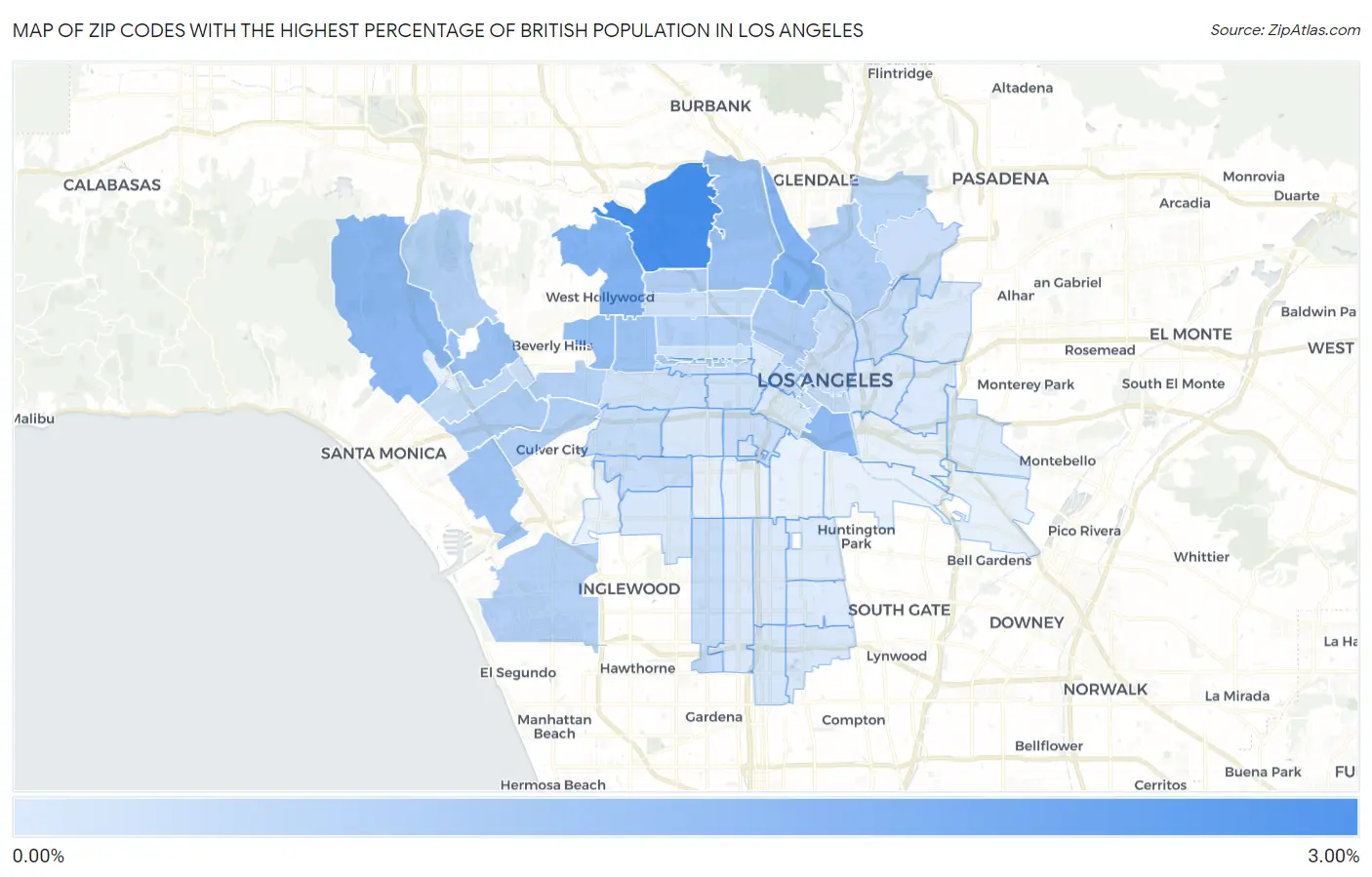 Zip Codes with the Highest Percentage of British Population in Los Angeles Map