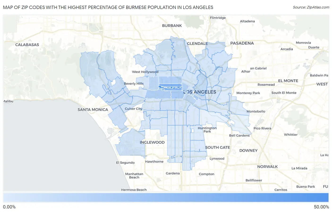 Zip Codes with the Highest Percentage of Burmese Population in Los Angeles Map
