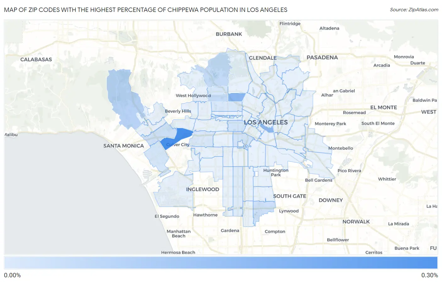 Zip Codes with the Highest Percentage of Chippewa Population in Los Angeles Map