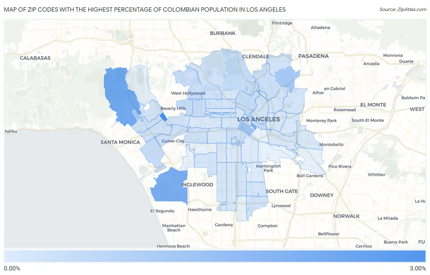 Zip Codes with the Highest Percentage of Colombian Population in Los Angeles Map