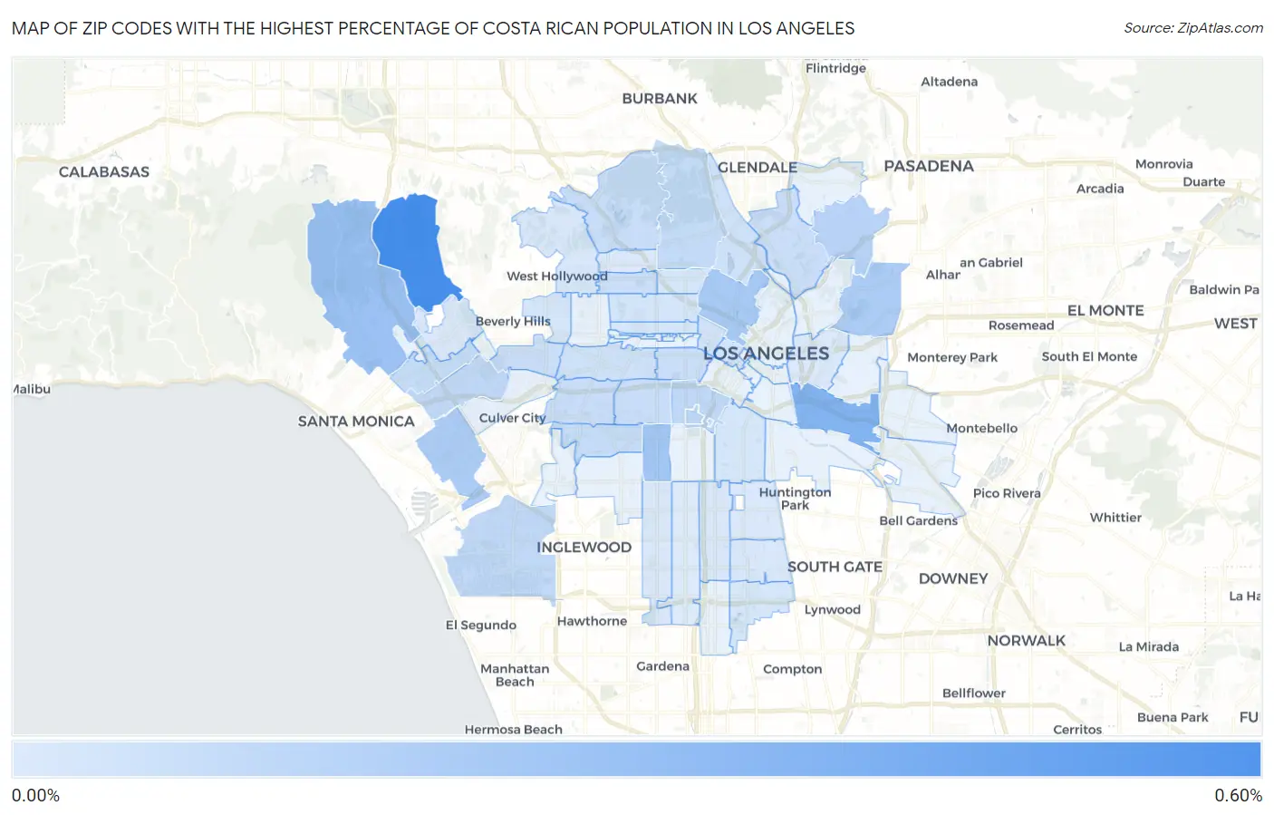 Zip Codes with the Highest Percentage of Costa Rican Population in Los Angeles Map