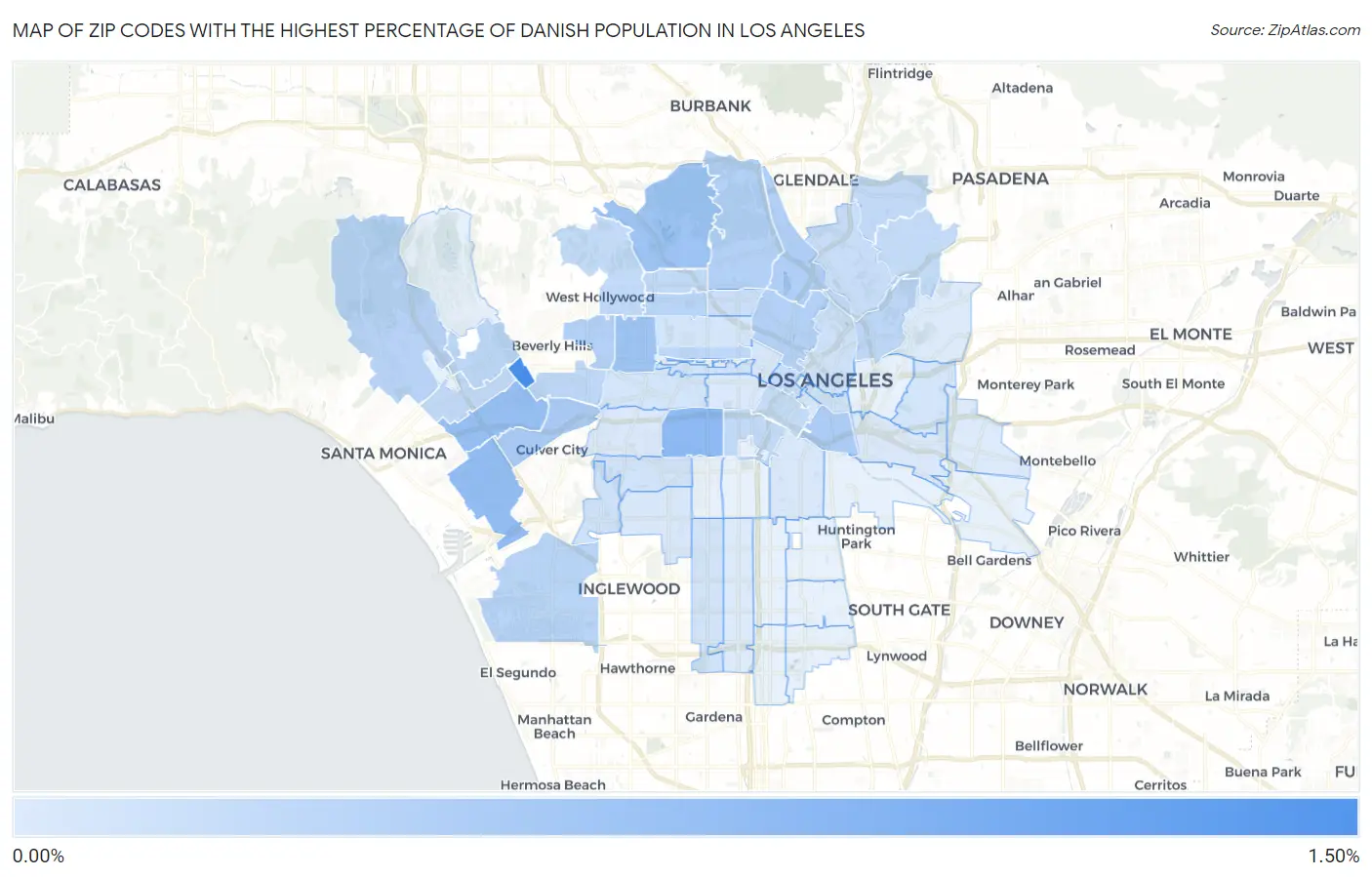 Zip Codes with the Highest Percentage of Danish Population in Los Angeles Map