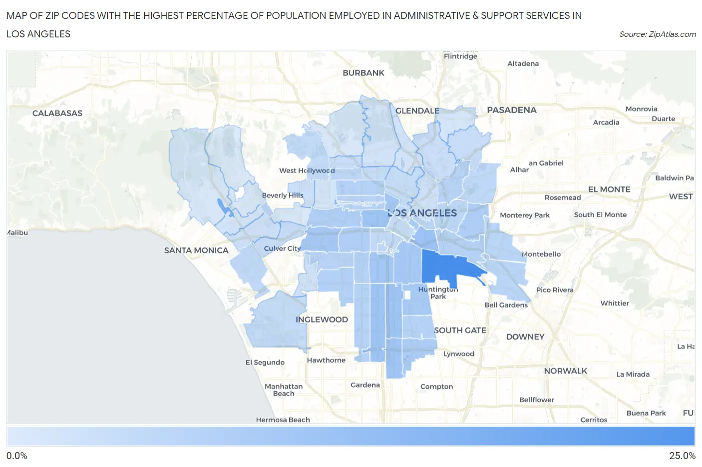 Zip Codes with the Highest Percentage of Population Employed in Administrative & Support Services in Los Angeles Map