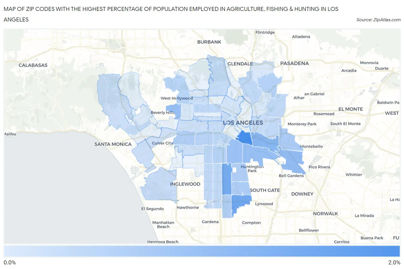 Zip Codes with the Highest Percentage of Population Employed in Agriculture, Fishing & Hunting in Los Angeles Map