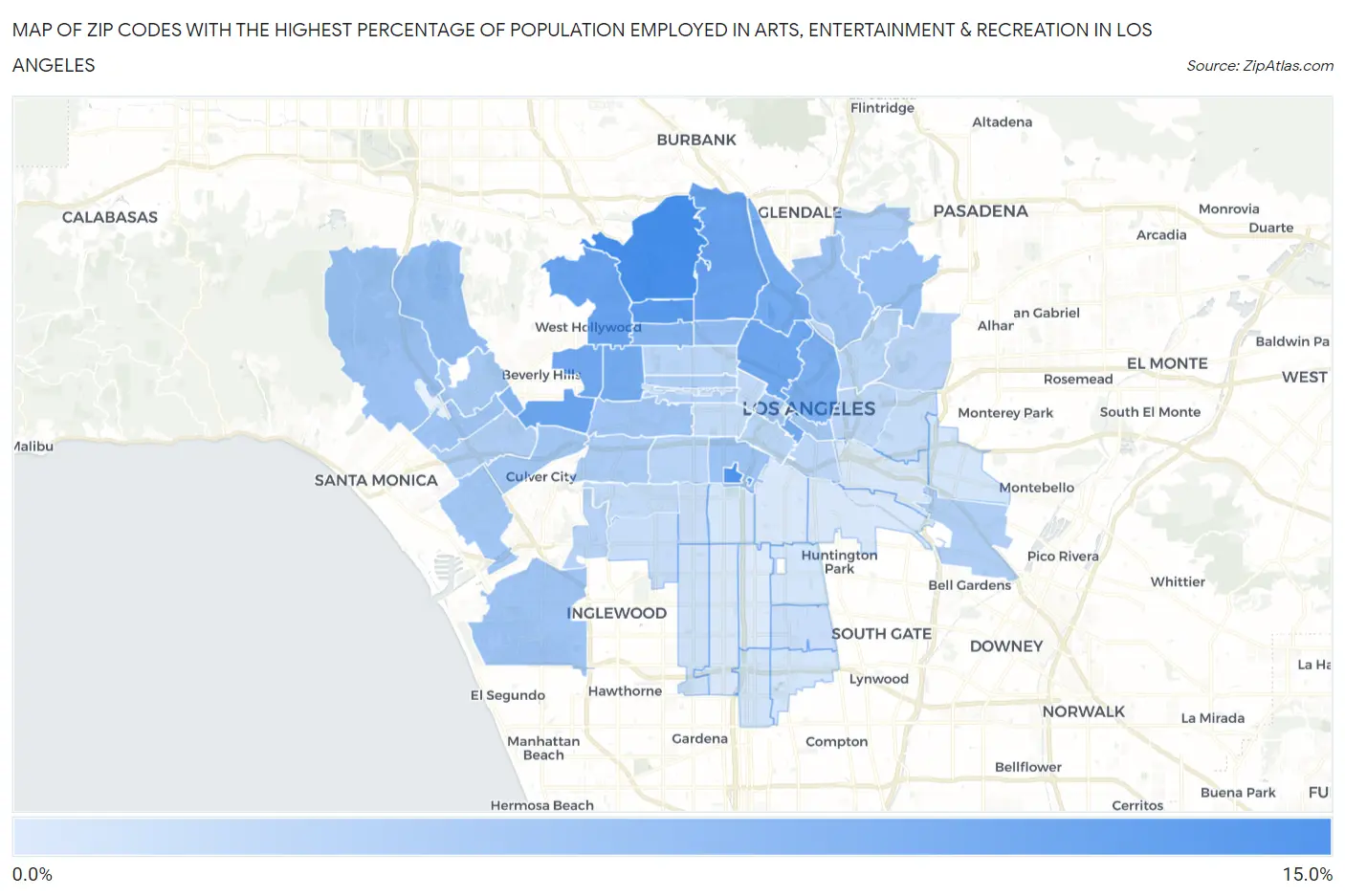 Zip Codes with the Highest Percentage of Population Employed in Arts, Entertainment & Recreation in Los Angeles Map