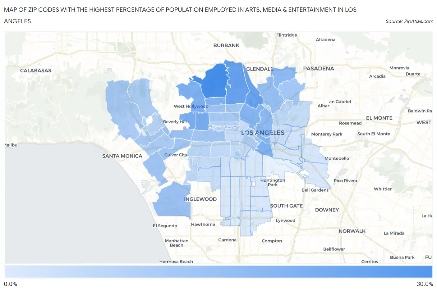Zip Codes with the Highest Percentage of Population Employed in Arts, Media & Entertainment in Los Angeles Map