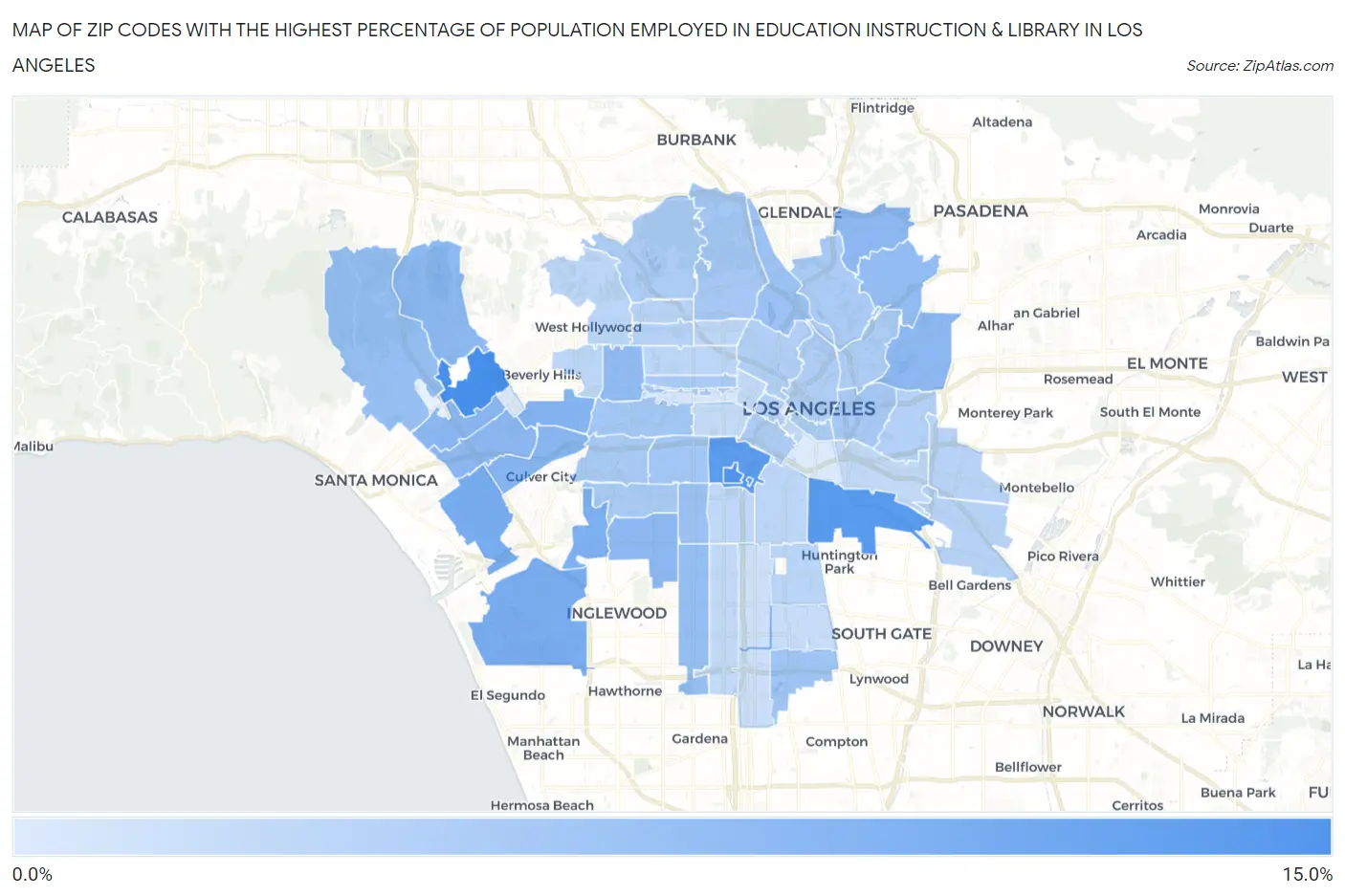 Zip Codes with the Highest Percentage of Population Employed in Education Instruction & Library in Los Angeles Map