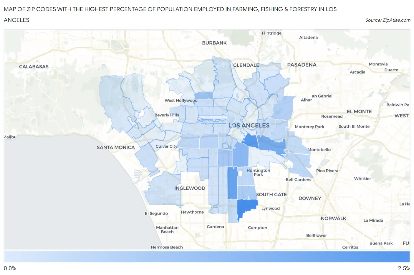 Zip Codes with the Highest Percentage of Population Employed in Farming, Fishing & Forestry in Los Angeles Map