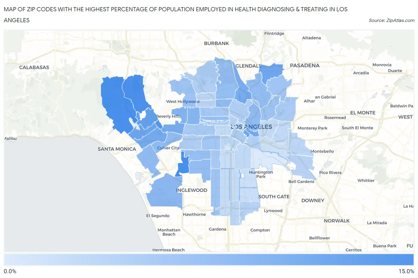Zip Codes with the Highest Percentage of Population Employed in Health Diagnosing & Treating in Los Angeles Map