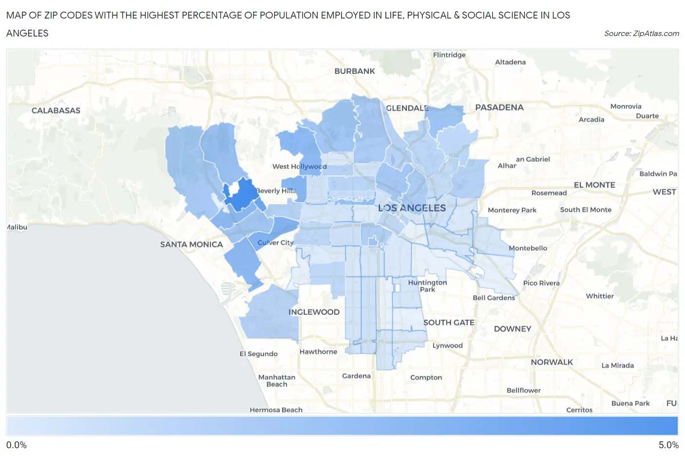 Zip Codes with the Highest Percentage of Population Employed in Life, Physical & Social Science in Los Angeles Map