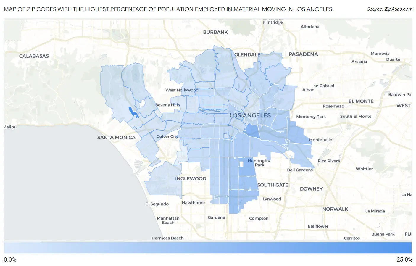 Zip Codes with the Highest Percentage of Population Employed in Material Moving in Los Angeles Map