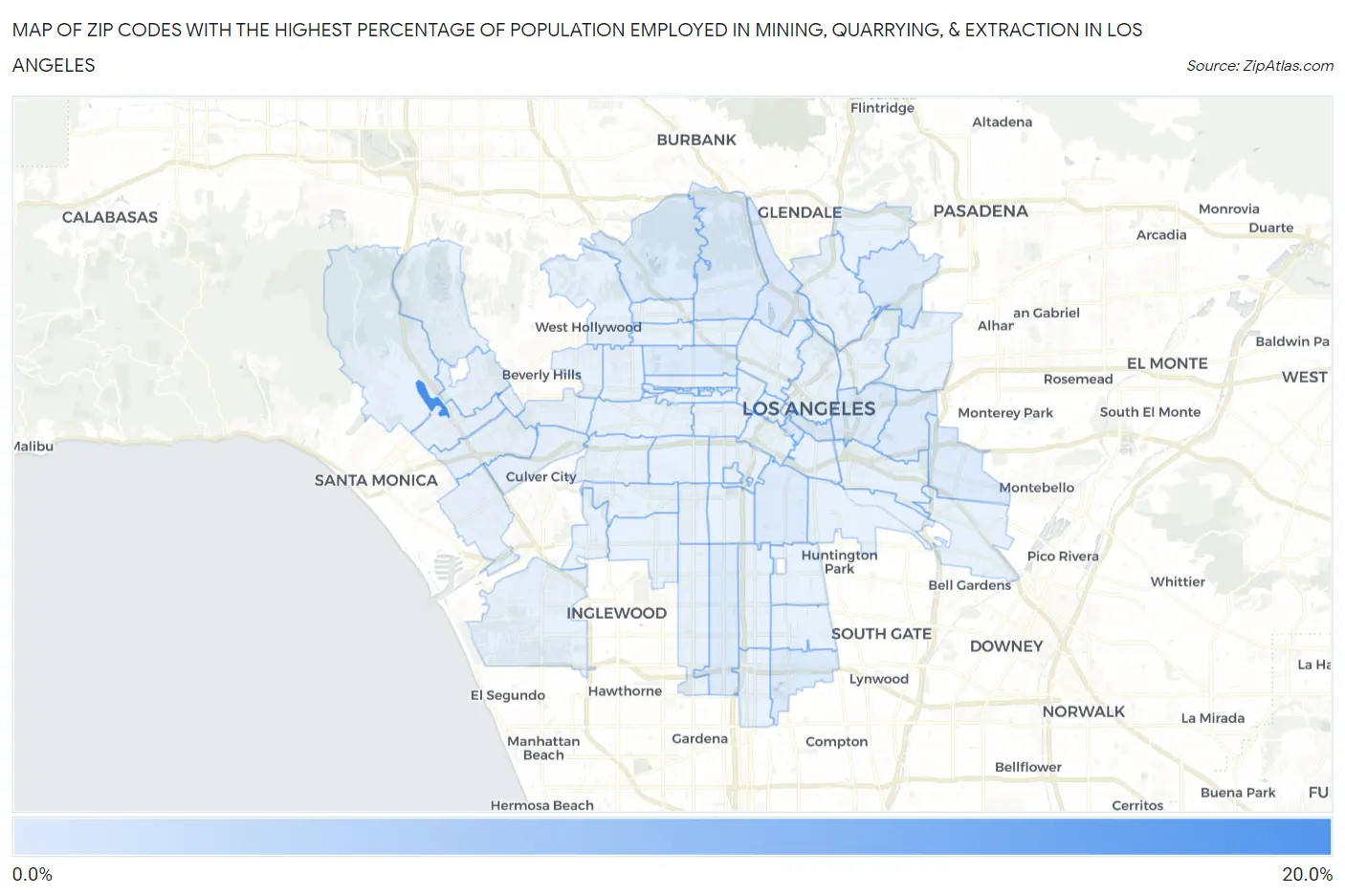 Zip Codes with the Highest Percentage of Population Employed in Mining, Quarrying, & Extraction in Los Angeles Map