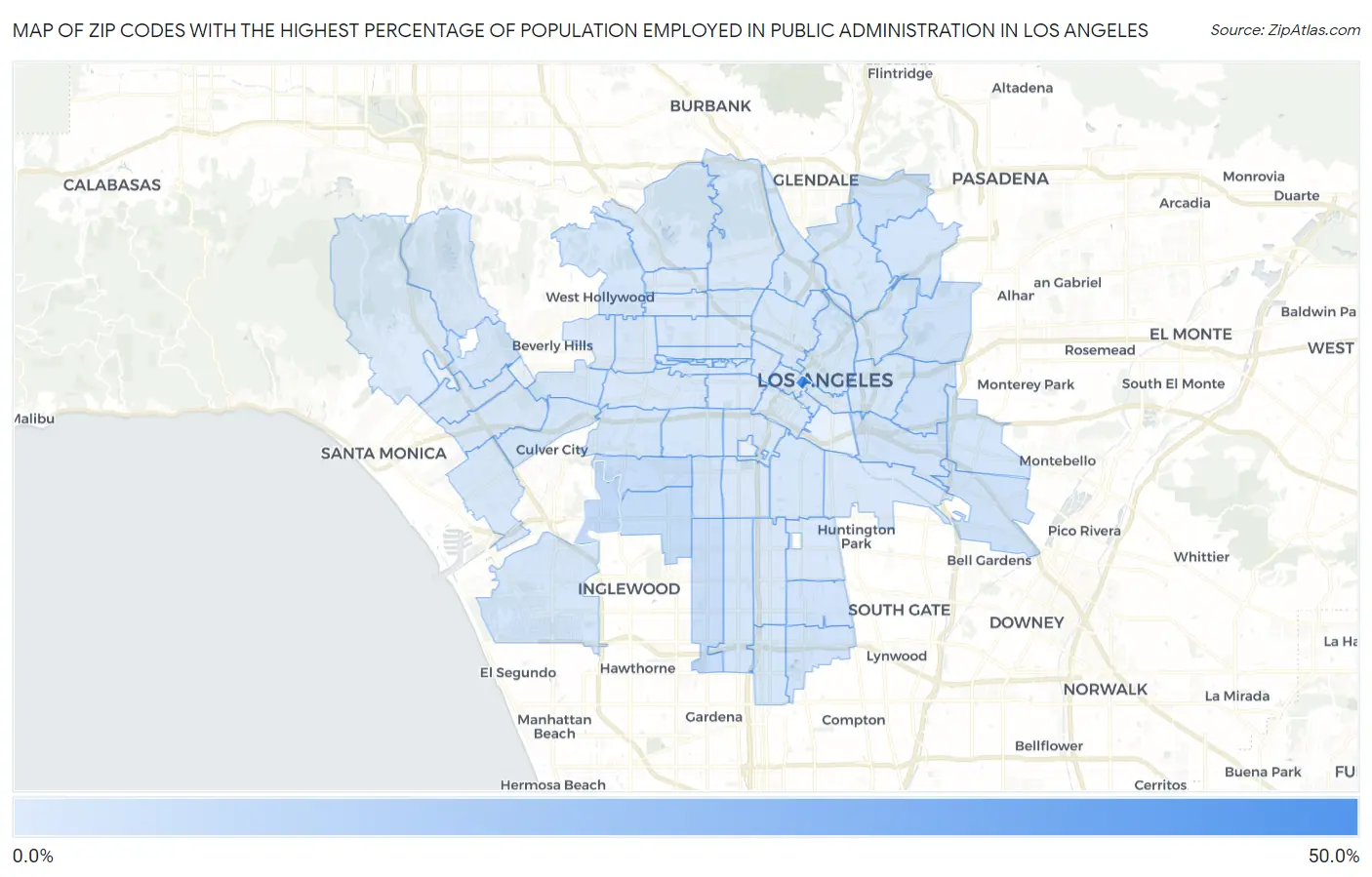 Zip Codes with the Highest Percentage of Population Employed in Public Administration in Los Angeles Map