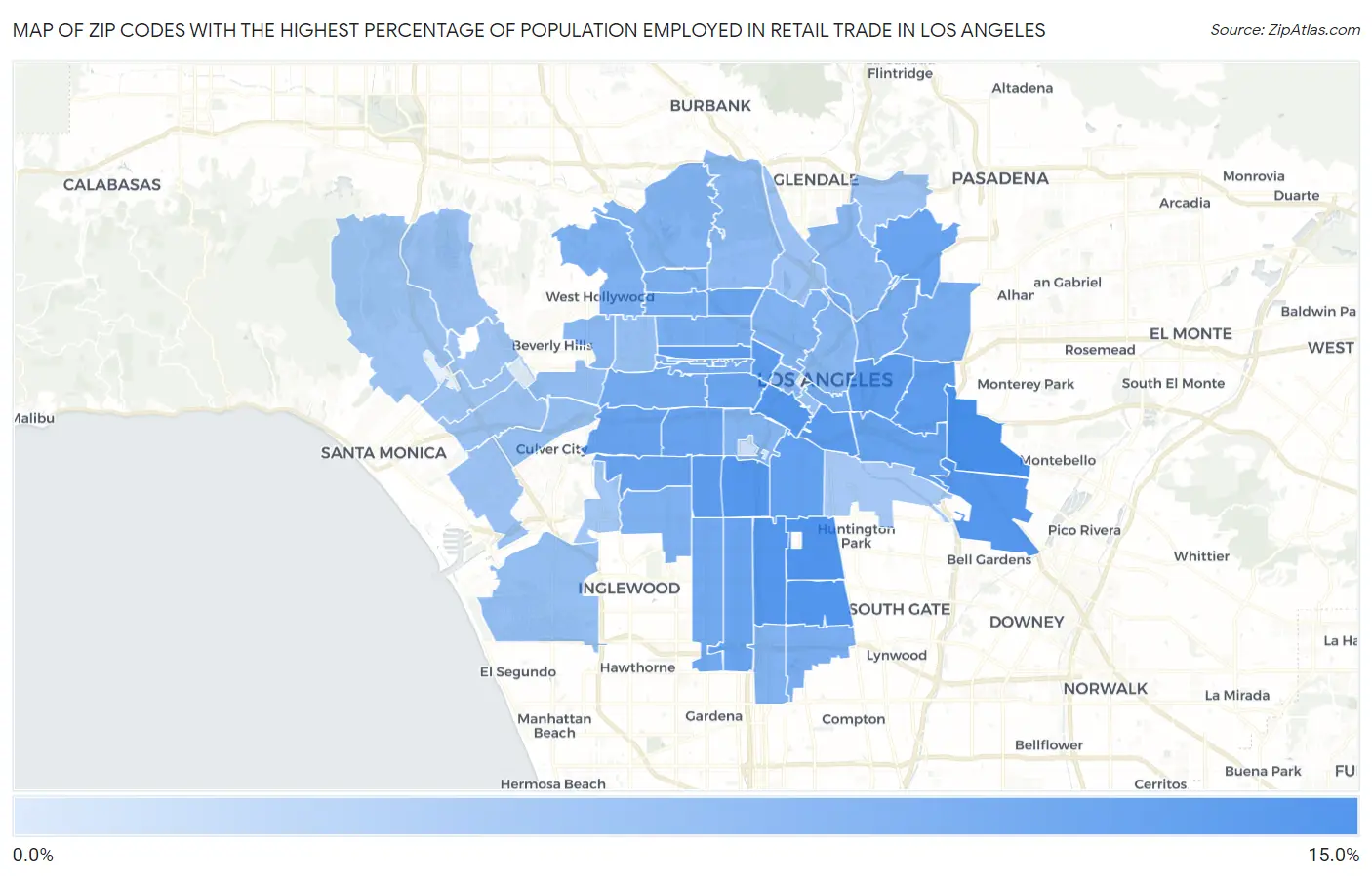 Zip Codes with the Highest Percentage of Population Employed in Retail Trade in Los Angeles Map