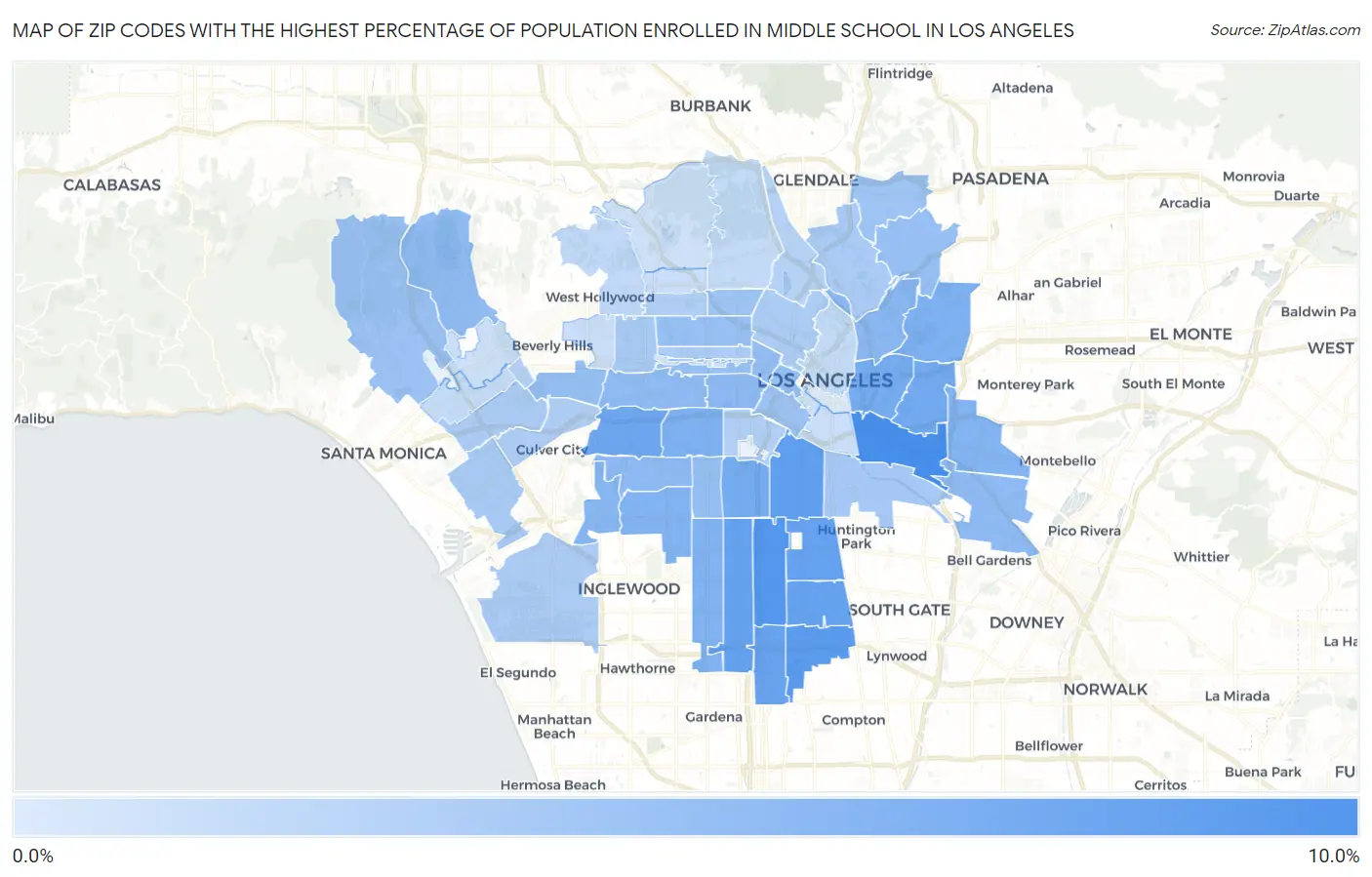 Zip Codes with the Highest Percentage of Population Enrolled in Middle School in Los Angeles Map