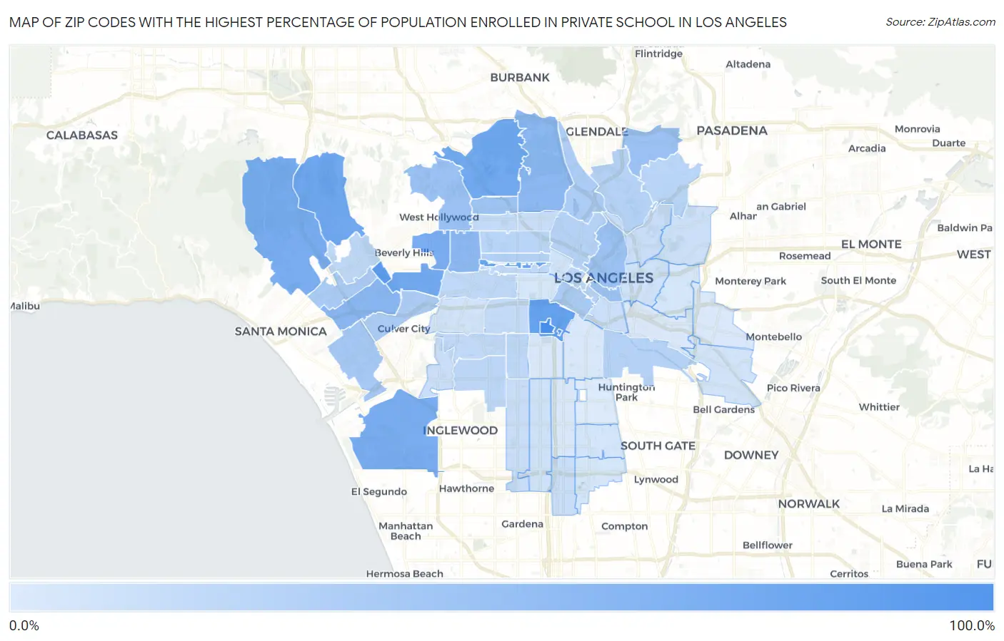 Zip Codes with the Highest Percentage of Population Enrolled in Private School in Los Angeles Map