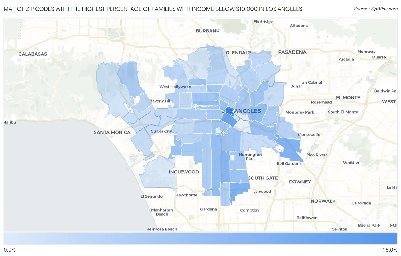 Zip Codes with the Highest Percentage of Families with Income Below $10,000 in Los Angeles Map