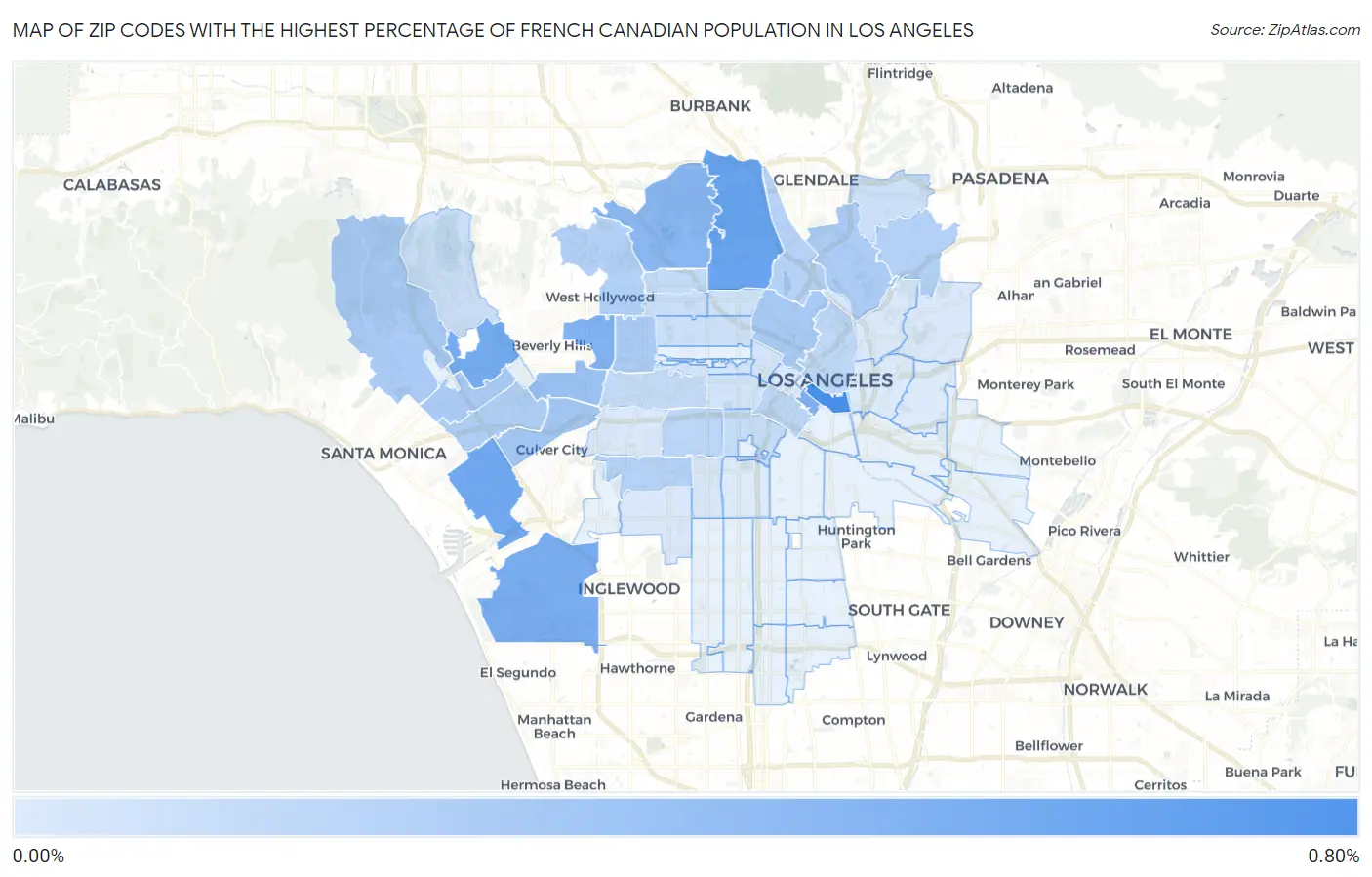 Zip Codes with the Highest Percentage of French Canadian Population in Los Angeles Map