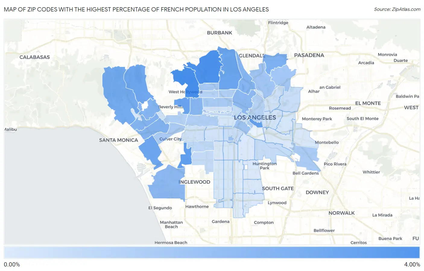 Zip Codes with the Highest Percentage of French Population in Los Angeles Map