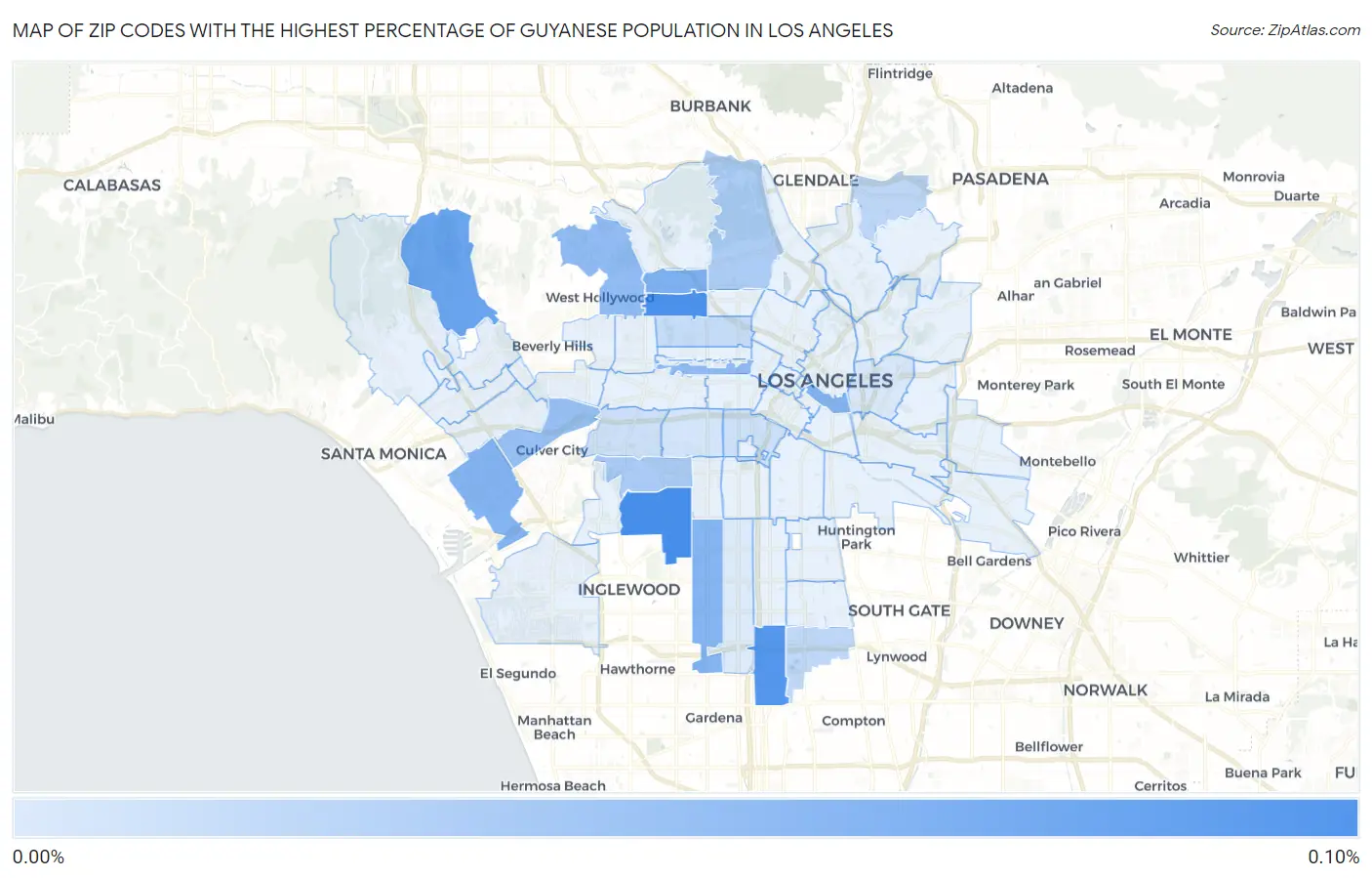 Zip Codes with the Highest Percentage of Guyanese Population in Los Angeles Map
