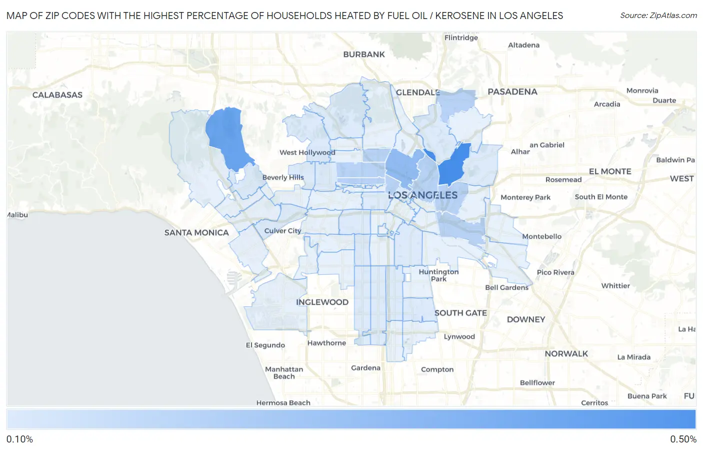 Zip Codes with the Highest Percentage of Households Heated by Fuel Oil / Kerosene in Los Angeles Map