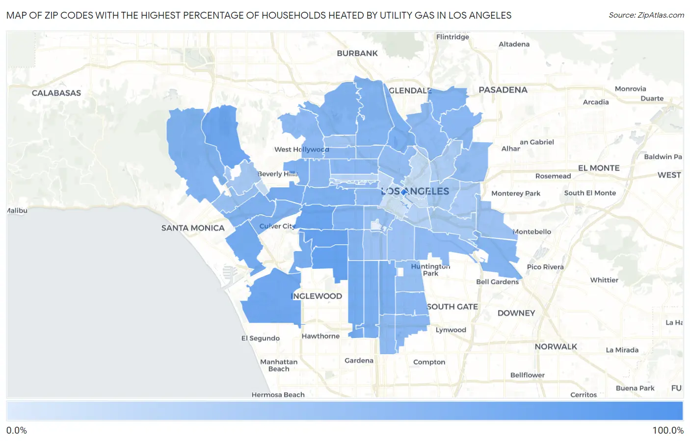 Zip Codes with the Highest Percentage of Households Heated by Utility Gas in Los Angeles Map
