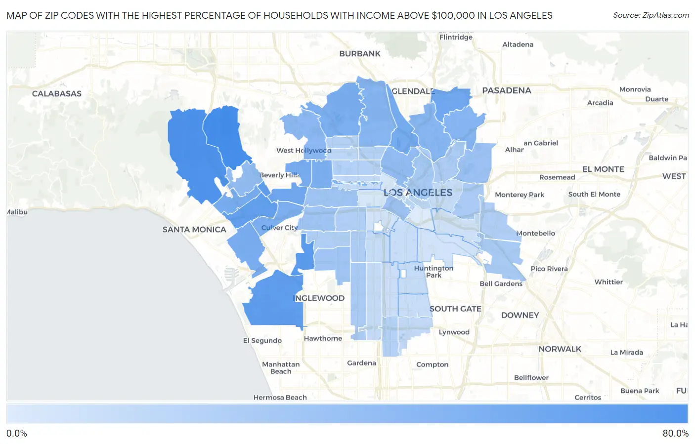 Zip Codes with the Highest Percentage of Households with Income Above $100,000 in Los Angeles Map