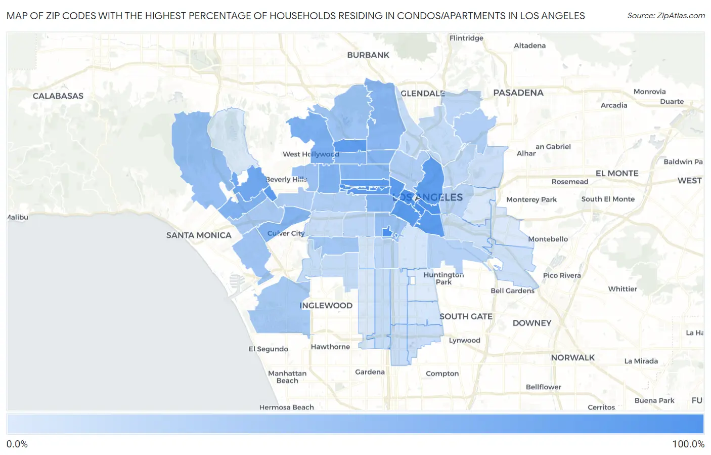 Zip Codes with the Highest Percentage of Households Residing in Condos/Apartments in Los Angeles Map
