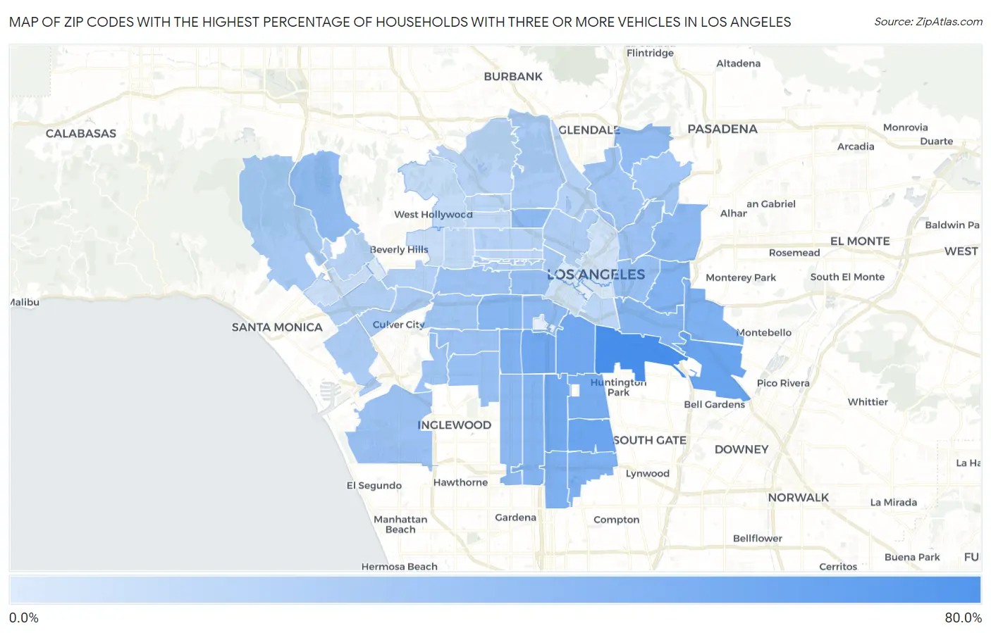 Zip Codes with the Highest Percentage of Households With Three or more Vehicles in Los Angeles Map