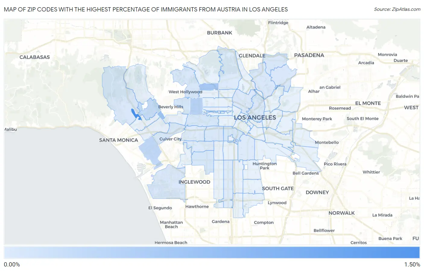 Zip Codes with the Highest Percentage of Immigrants from Austria in Los Angeles Map