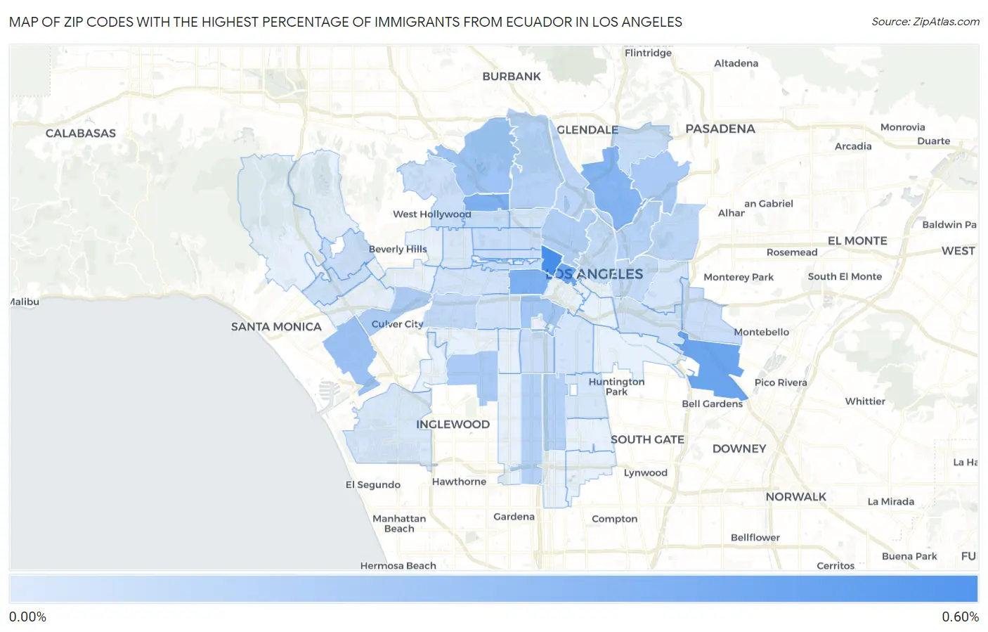 Zip Codes with the Highest Percentage of Immigrants from Ecuador in Los Angeles Map