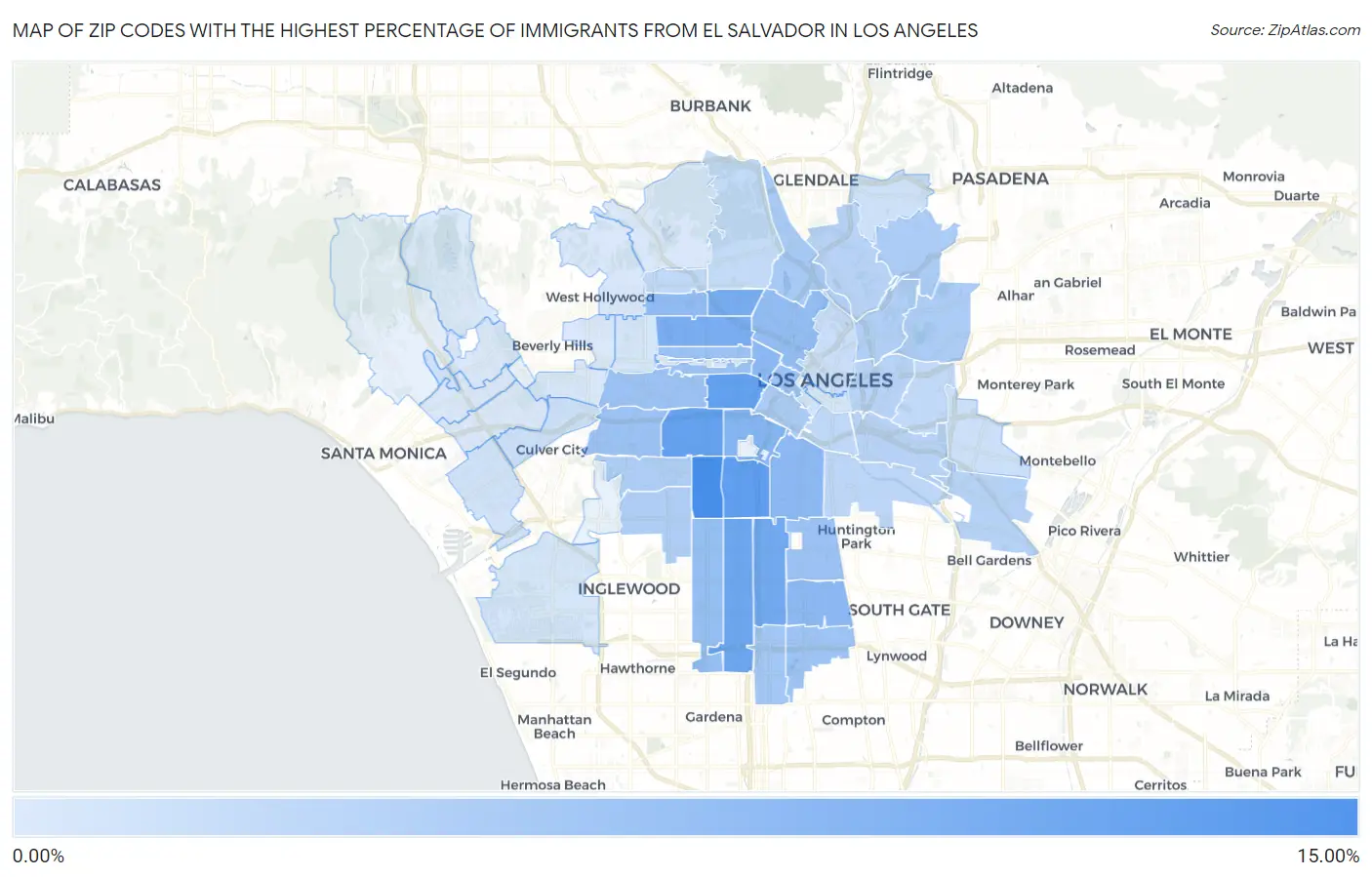 Zip Codes with the Highest Percentage of Immigrants from El Salvador in Los Angeles Map