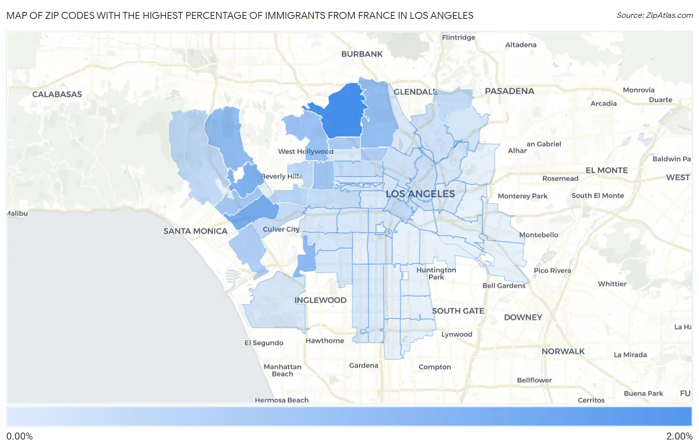 Zip Codes with the Highest Percentage of Immigrants from France in Los Angeles Map