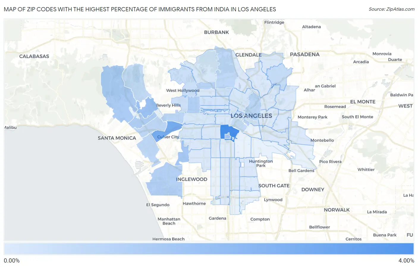 Zip Codes with the Highest Percentage of Immigrants from India in Los Angeles Map