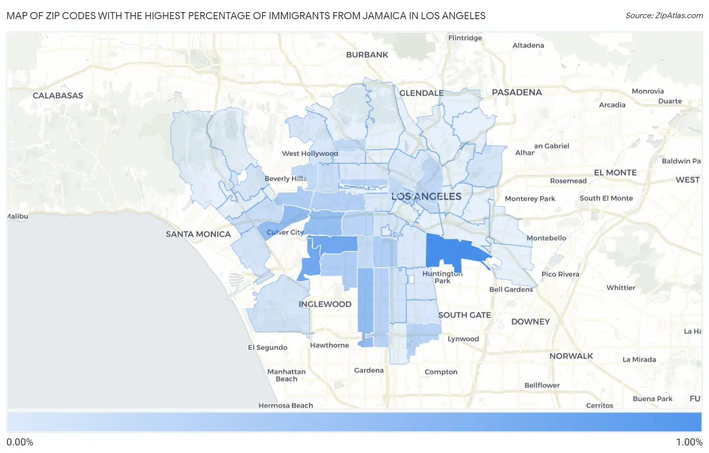 Zip Codes with the Highest Percentage of Immigrants from Jamaica in Los Angeles Map