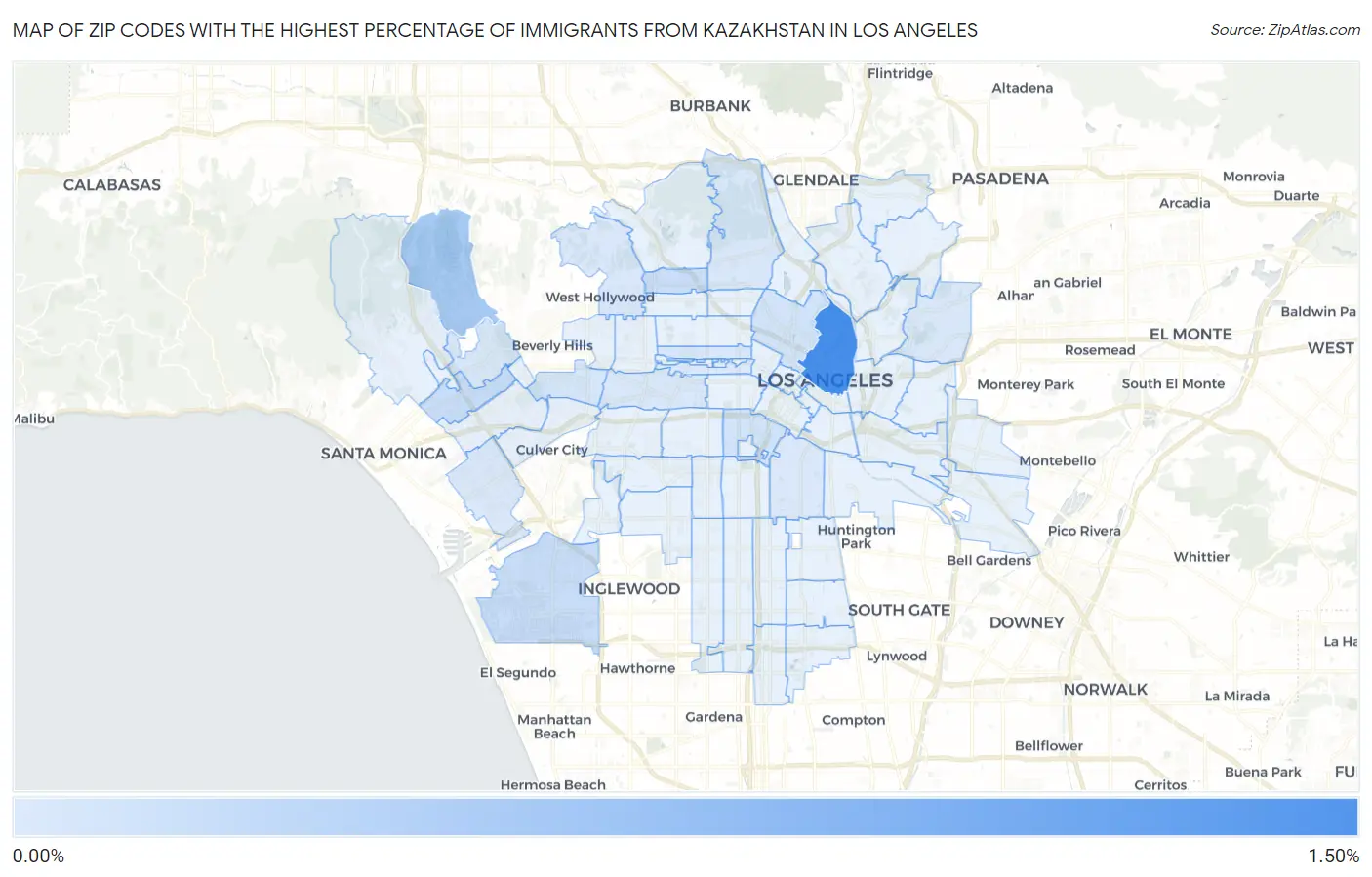 Zip Codes with the Highest Percentage of Immigrants from Kazakhstan in Los Angeles Map
