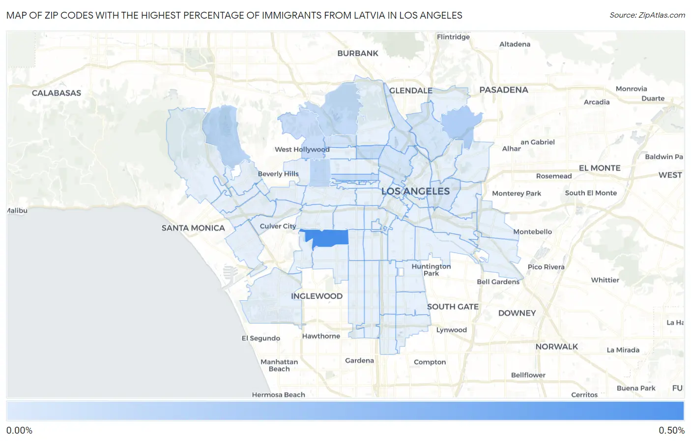 Zip Codes with the Highest Percentage of Immigrants from Latvia in Los Angeles Map
