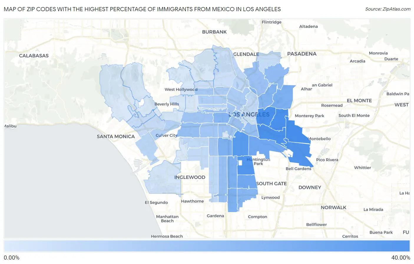 Zip Codes with the Highest Percentage of Immigrants from Mexico in Los Angeles Map