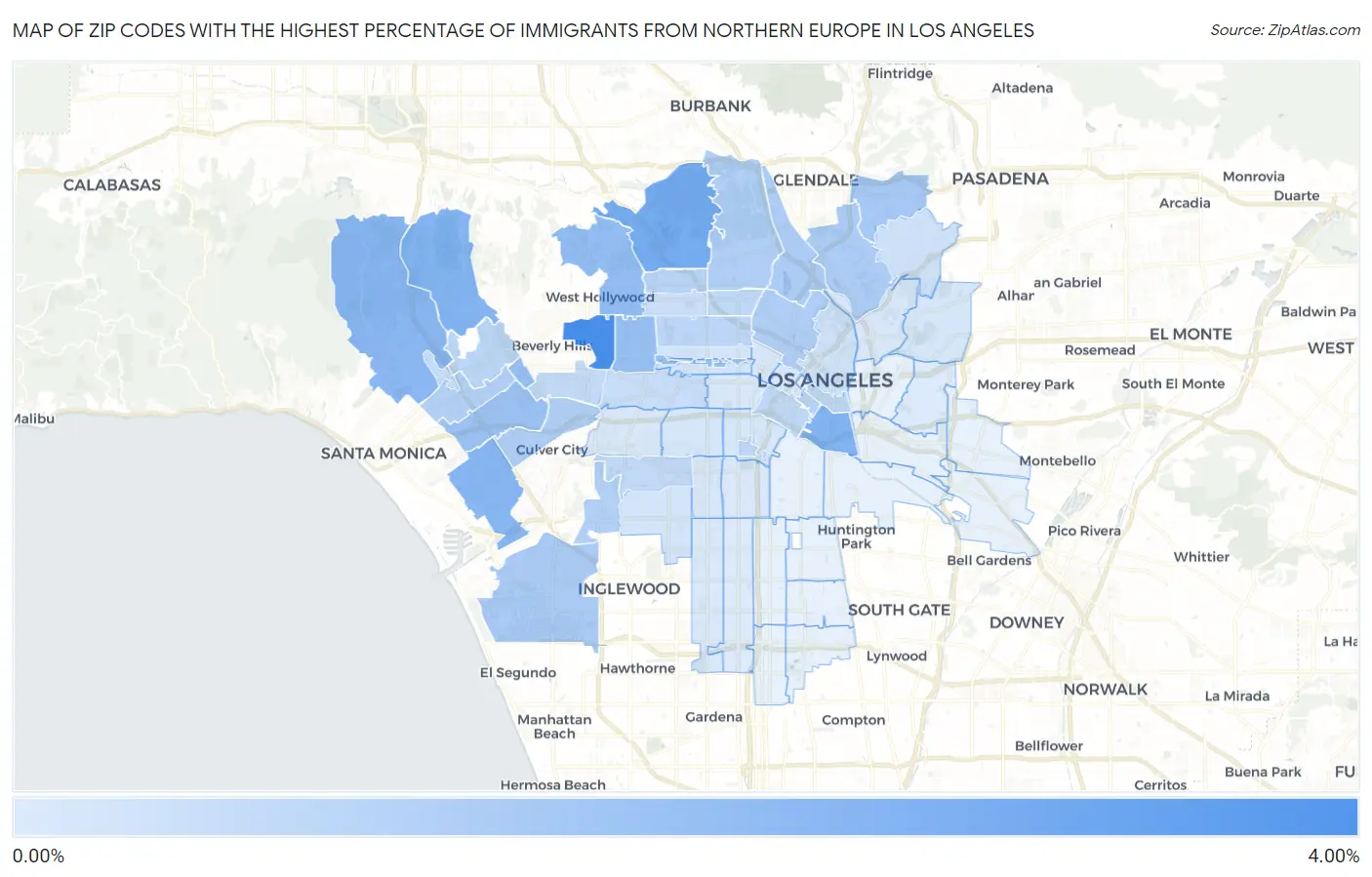 Zip Codes with the Highest Percentage of Immigrants from Northern Europe in Los Angeles Map