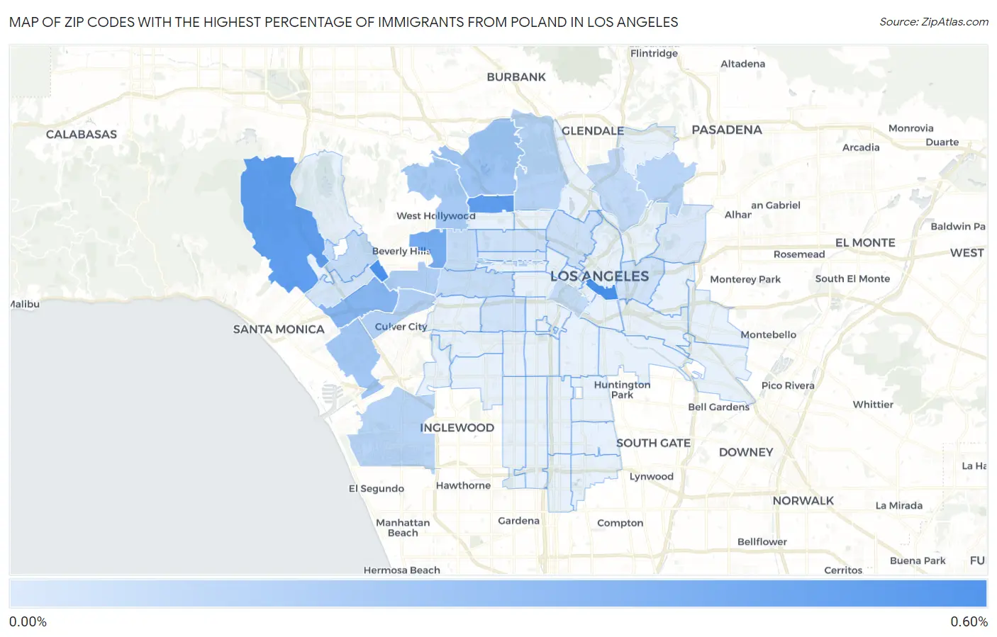 Zip Codes with the Highest Percentage of Immigrants from Poland in Los Angeles Map