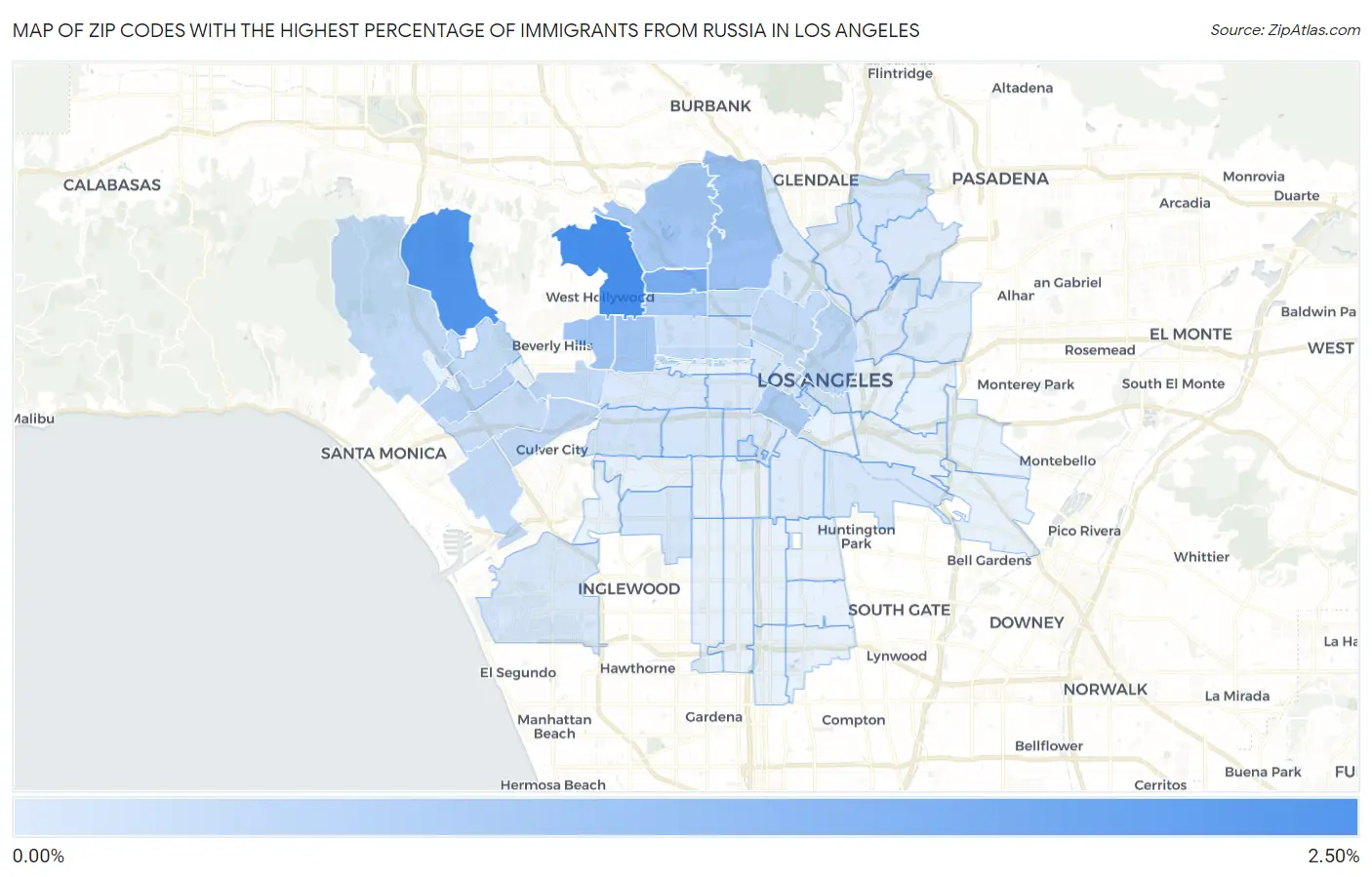 Zip Codes with the Highest Percentage of Immigrants from Russia in Los Angeles Map