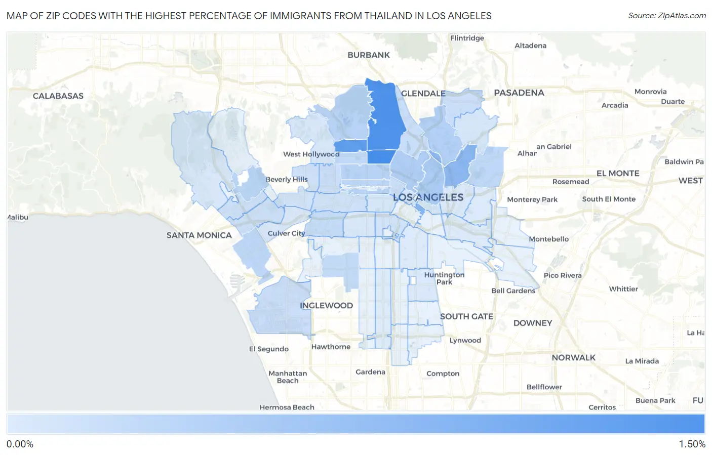 Zip Codes with the Highest Percentage of Immigrants from Thailand in Los Angeles Map