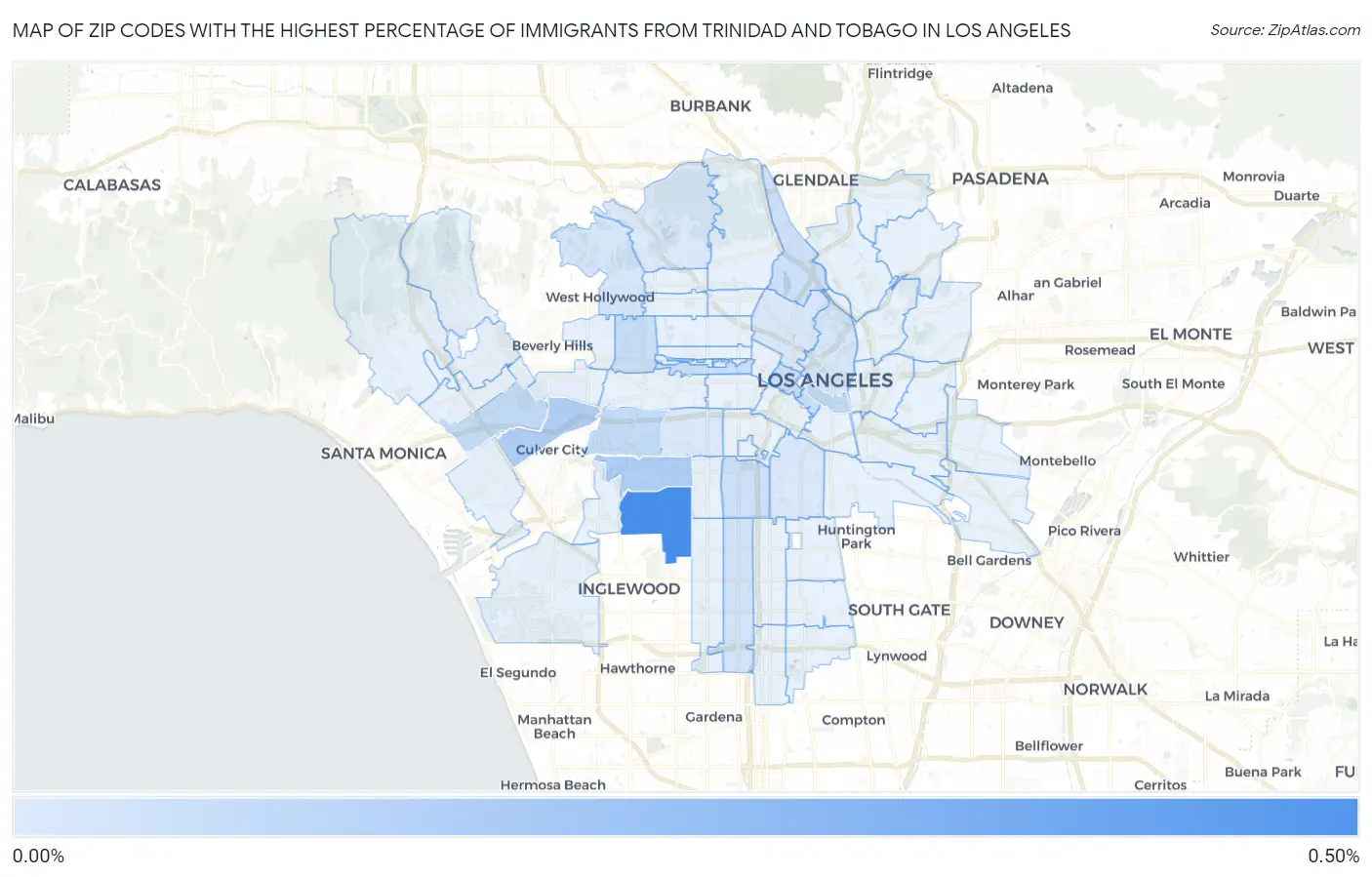 Zip Codes with the Highest Percentage of Immigrants from Trinidad and Tobago in Los Angeles Map