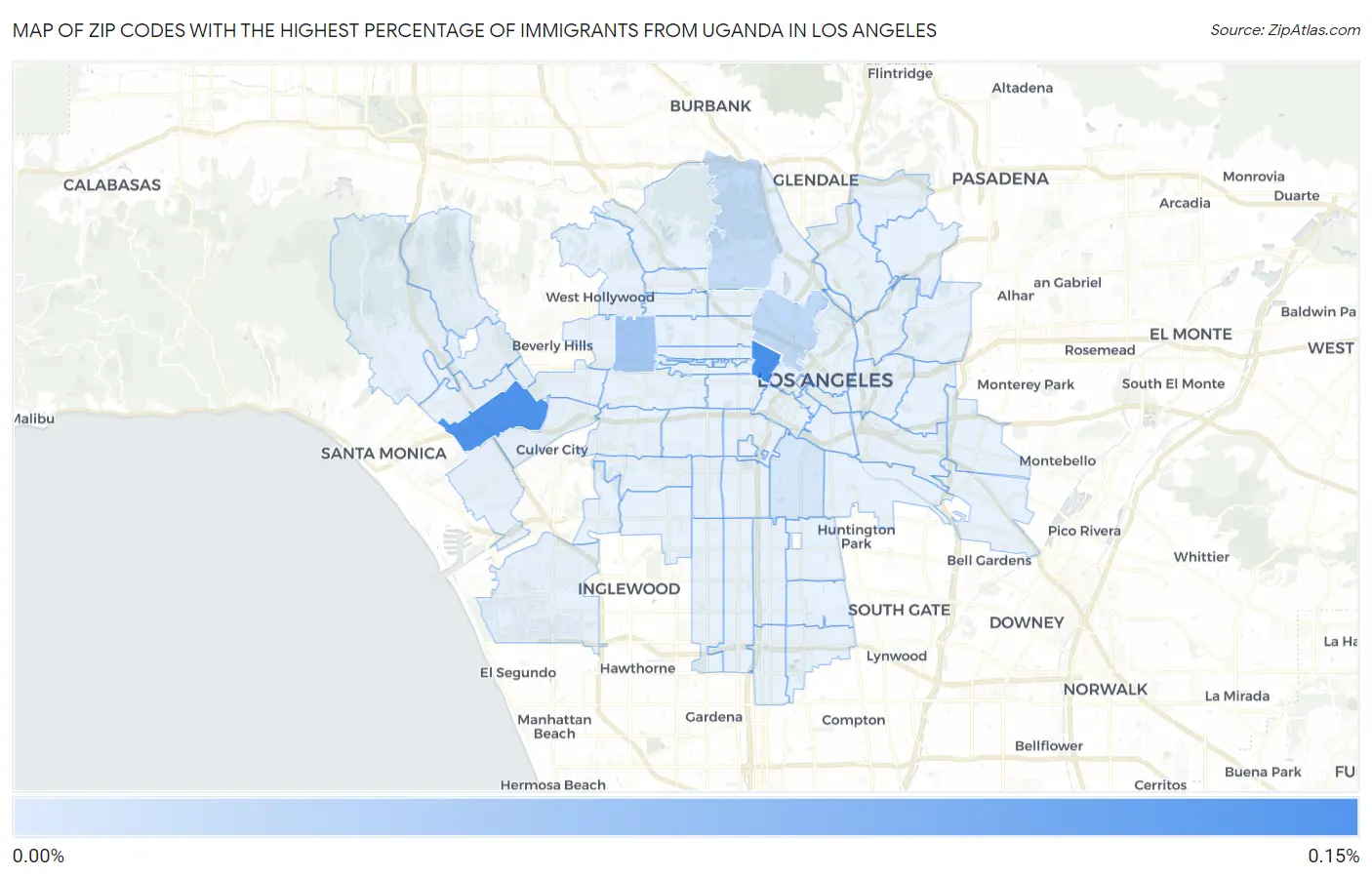 Zip Codes with the Highest Percentage of Immigrants from Uganda in Los Angeles Map