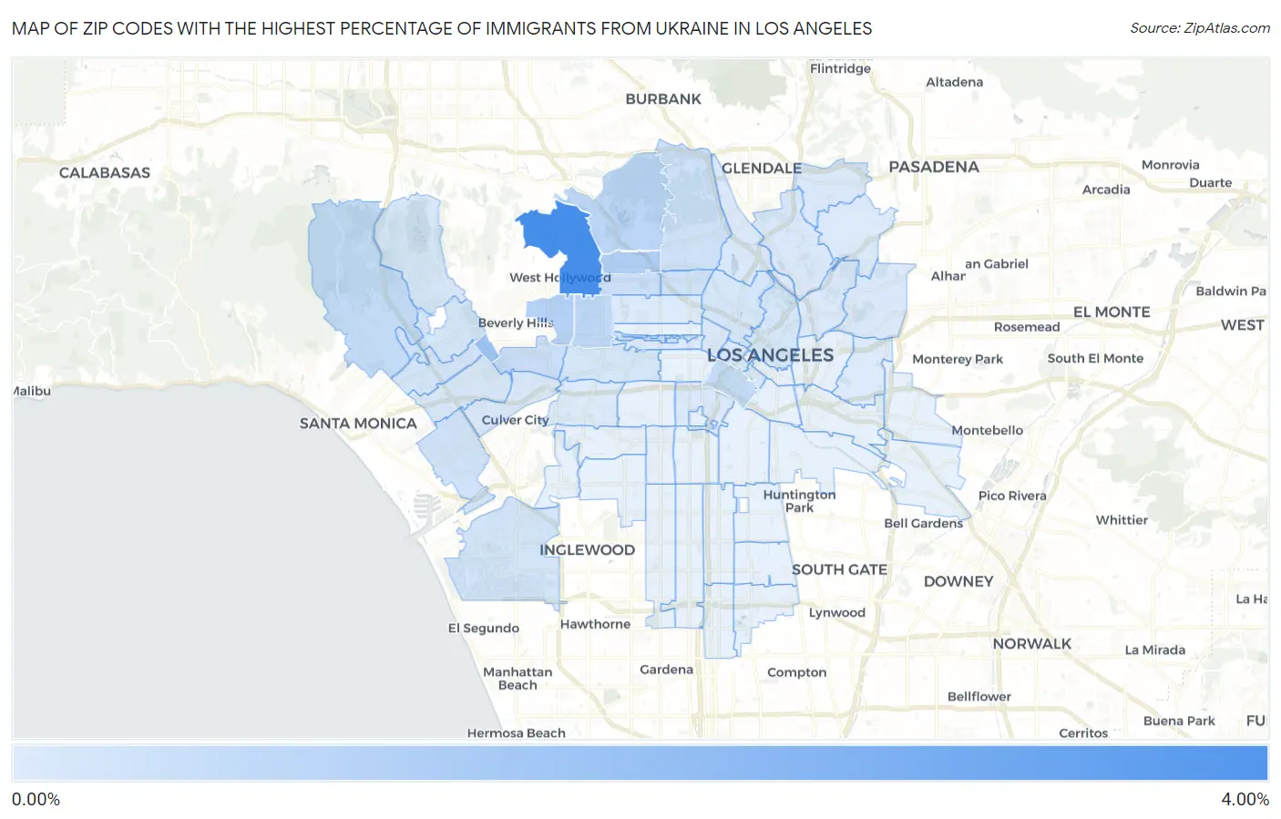 Zip Codes with the Highest Percentage of Immigrants from Ukraine in Los Angeles Map