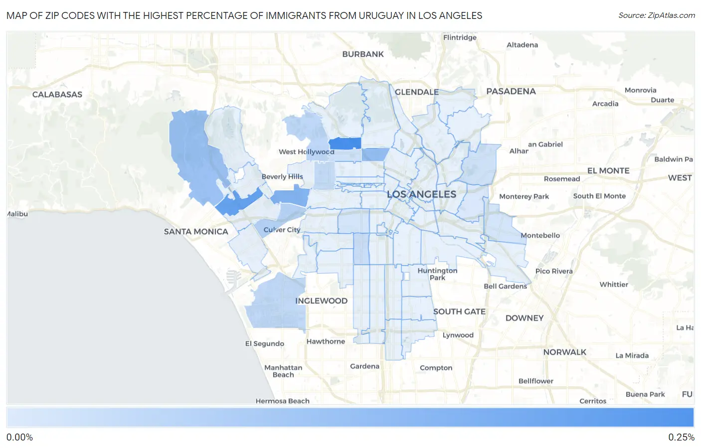 Zip Codes with the Highest Percentage of Immigrants from Uruguay in Los Angeles Map